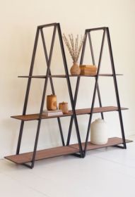DOUBLE ANGLE IRON AND WOOD THREE TIERED SHELVING UNIT