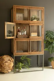 RECYCLED PINE CABINET WITH GLASS DOORS AND IRON FRAME - 34X15X71"T