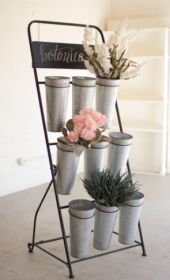 FLOWER RACK WITH NINE GALVANIZED BUCKETS