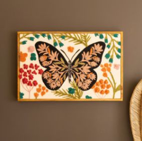 FRAMED HAND-HOOKED ART WITH BUTTERFLY AND FLOWERS