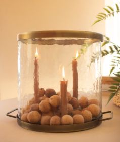 GLASS CYLINDER WITH ANTIQUE BRASS TAPER CANDLE HOLDER