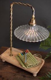 TABLE LAMP WITH WOODEN TRAY BASE AND GLASS SHADE