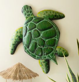 HAND HAMMERED RECYCLED PAINTED METAL SEA TURTLE WALL ART