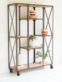 IRON AND WOOD DISPLAY ALTERNATING SHELVES AND IRON CASTERS