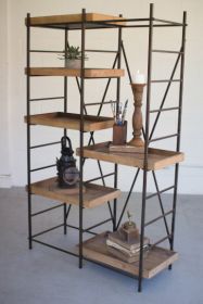 IRON SHELVING UNIT W SIX ADJUSTABLE WOODEN SHELVES