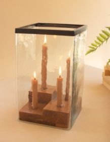 LARGE GLASS HURRICANE WITH FOUR TAPER HOLDER WOOD BASE