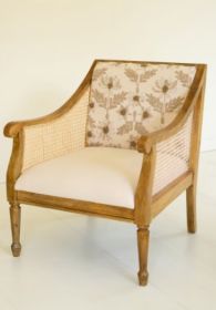 MANGO WOOD AND CANE ARM CHAIR WITH  EMBROIDERED BACK
