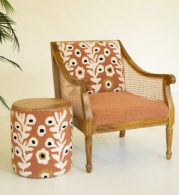 MANGO WOOD AND CANE ARM CHAIR WITH HAND TUFTED BACK