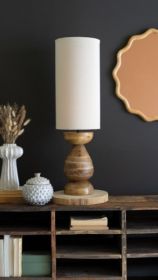 MANGO WOOD TABLE LAMP WITH FABRIC CYLINDER SHADE