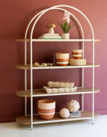 PAINTED METAL ARCHED DISPLAY WITH FOUR WOODEN SHELVES
