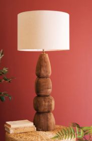 QUAD-CARVED MANGO WOOD TABLE LAMP WITH FABRIC SHADE