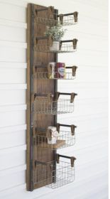 RECYCLED WOOD & METAL WALL RACK W SIX WIRE STORAGE BASKETS
