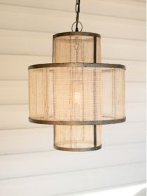 ROUND DOUBLE LAYERED WOVEN FIBER AND METAL PENDANT LIGHT