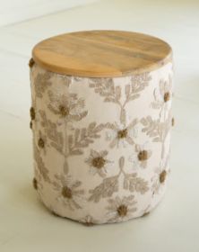 ROUND EMBROIDERED ACCENT TABLE WITH MANGO WOOD TOP