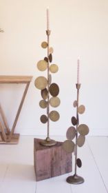 SET OF TWO ANTIQUE BRASS CANDLE HOLDERS WITH ROUND DISCS DETAIL