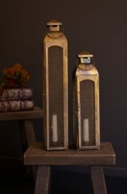 SET OF TWO ANTIQUE BRASS TAPER CANDLE LANTERNS WITH WIRE SCREEN