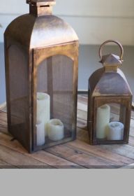 SET OF TWO ANTIQUE BRONZE LANTERNS WITH WIRE SCREEN