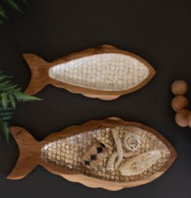 SET OF TWO CARVED TEAK FISH WITH CAPIZ DETAIL