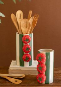 SET OF TWO CERAMIC GREEN STRIPED VASES WITH TOMATOES