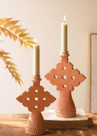 SET OF TWO TERRACOTTA TAPER CANDLE HOLDERS (MIN 3 SETS)