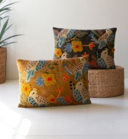 SET OF TWO EMBROIDERY PILLOWS WITH BIRDS - ONE EACH COLOR