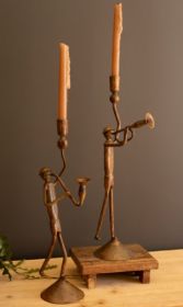 SET OF TWO FORGED IRON TRUMPET AND SAXAPHONE TAPER CANDLE HOLDERS