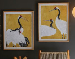 SET 2 FRAMED PRINTS UNDER GLASS -BLACK WHITE AND RED HERONS