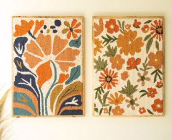 SET OF TWO WOOD FRAMED HAND HOOKED WALL ART - FLORALS