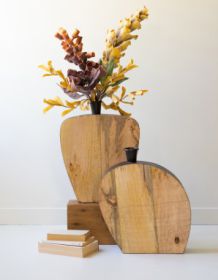 SET OF TWO MANGO WOOD AND METAL VASES