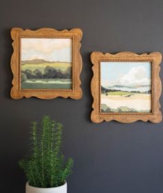 SET OF TWO NATURAL WOOD FRAMED LANSCAPE ACRYLIC PAINTINGS