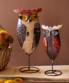 SET OF TWO RECYCLED IRON OWLS ON STANDS