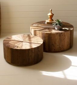 SET OF TWO RECYCLED WOOD ROUND COFFEE TABLES