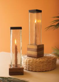 SET OF TWO SQUARE GLASS AND WOOD TAPER CANDLE HOLDERS