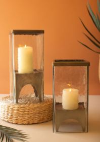 SET OF TWO SQUARE GLASS HURRICANES WITH ANTIQUE BRASS BASES