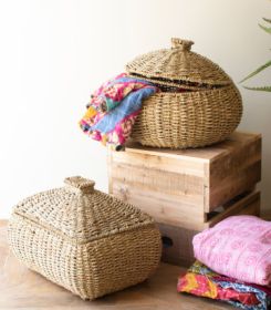 SET OF TWO WOVEN VINE BASKETS WITH LIDS - ONE EACH DESIGN