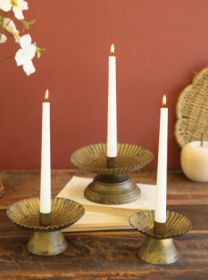 SET OF THREE TAPER CANDLE HOLDERS W FLUTED BASES -ANT GOLD
