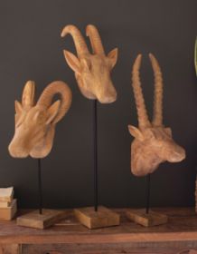 SET OF THREE CARVED MANGO WOOD AFRICAN ANIMAL HEADS
