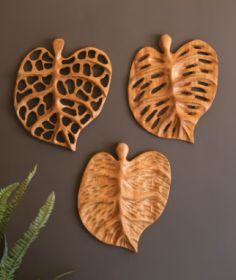 SET OF THREE CARVED TEAKWOOD LEAVES WALL ART