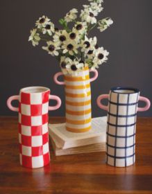 SET OF THREE PATEREND CERAMIC CYLINDER VASES WITH HANDLES