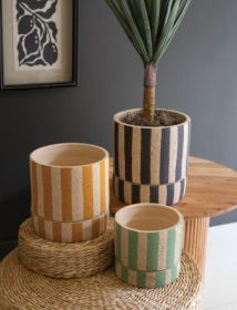 SET OF THREE CLAY PLANTERS WITH STRIPED DETAILS + TRAYS -ONE EACH SIZE