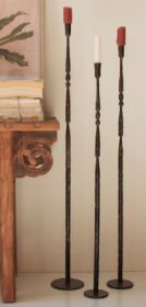 SET OF 3 TALL FORGED-IRON TAPER CANDLE HOLDERS - ANT BRASS