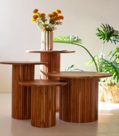 SET OF FOUR ACACIA WOOD ACCENT TABLES WITH TAMBOUR BASES