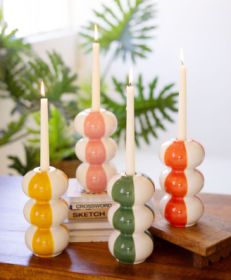 SET OF FOUR CERAMIC STRIPED TAPER CANDLE HOLDERS