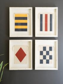 SET OF FOUR FRAMED CANVAS NAUTICAL FLAGS UNDER GLASS