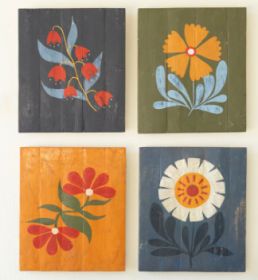 SET OF FOUR HAND PAINTED FLORALS ON RECYCLED WOOD PANELS