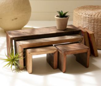 SET OF FOUR RECYCLED WOOD NESTING RECTANGLE RISERS