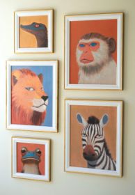 SET OF FIVE FRAMED ANIMALS PAINTINGS