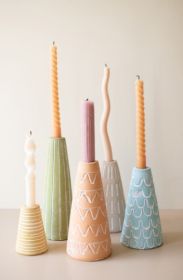 SET OF FIVE ASSOR PAINTED CLAY PARTY HAT TAPER HOLDERS