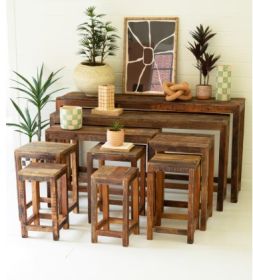 SET OF NINE RECYCLED WOOD DISPLAY TABLES