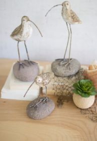 SET OF THREE PAINTED CLAY SHORE BIRDS ON ROCK BASES